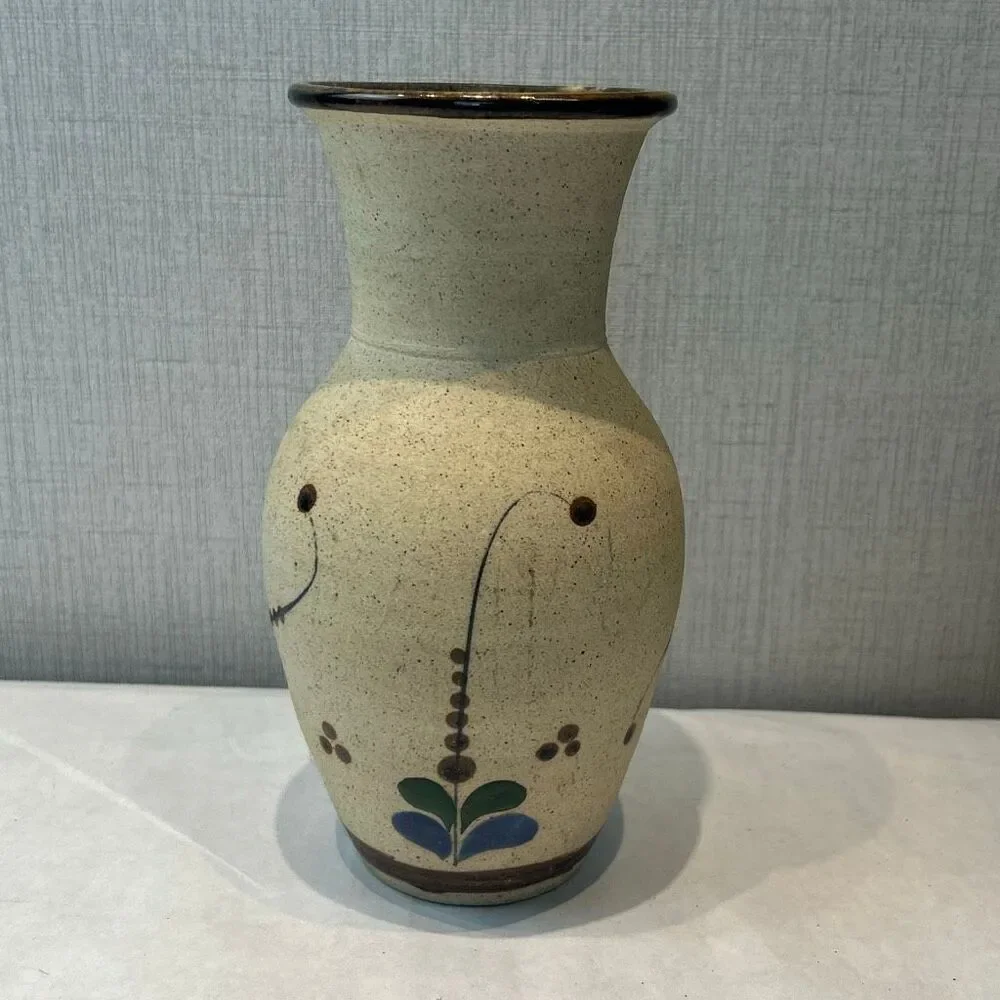 Tonala Pottery Vase Mexico Bird Flowers Folk Art Handmade Sandstone Beige Brown